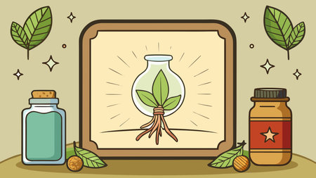 Clean vector artwork in earthy natural palette with subtle herbal glow and calm remedy mood, evoking spotless apothecary elegance. Perfect for herbal product packaging, wellness branding, organic cosmetics labels, spa graphics, and natural health . Versatile design appeals to beauty, alternative medicine, and lifestyle industries for scalable visuals. . AI-generated vector illustration. AI-generated illustration.のイラスト素材