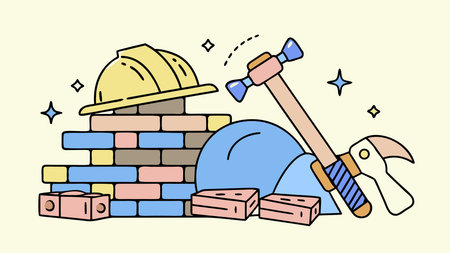 Bold flat vector artwork in striking orange-gray-blue palette, conveying gritty industrial mood and hardworking vibe through harsh spot lighting effects. Versatile for construction firm branding, safety signage, promotional banners, tool catalogs, and industry ads targeting builders and contractors. Spacious central composition allows  integration of . AI-generated vector illustration. AI-generated illustration.のイラスト素材