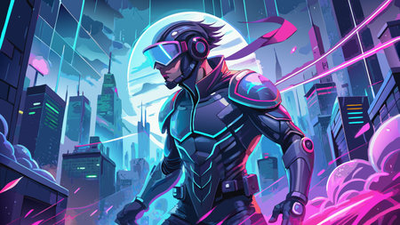 Cinematic cyberpunk style with vibrant magenta-cyan palette, lens flare lighting, and blockbuster...