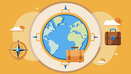 Stylish vector artwork in adventurous beige-blue palette evoking a free-spirited exploratory mood with subtle golden horizon radiance. Vast central blank space perfect for wanderlust promotions, travel agency ads, website banners, social media graphics, and lifestyle posters. Versatile design suits tourism , adventure branding, and motivational conte. AI-generated vector illustration. AI-generated illustration.のイラスト素材