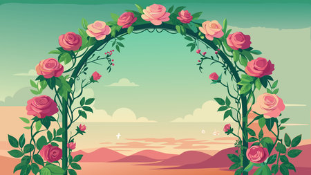 Elegant vintage vector design in soft pink and green tones evokes a romantic garden mood with subtle sunset warmth, featuring climbing florals in an arch formation and spacious central oval for customization. Ideal for wedding invitations, romantic stationery, garden-themed branding, greeting cards, and decorative web elements targeting event planners, floris. AI-generated vector illustration. AI-generated illustration.のイラスト素材