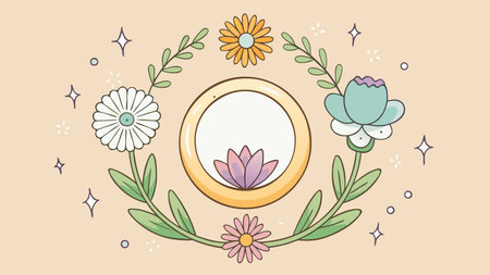 Ethereal digital artwork with soft natural tones and gentle healing light forming a serene perimeter of restorative blooms around a pristine product center. The calming mood evokes herbal trust and wellness renewal. Perfect for herbal supplement packaging, natural remedy ads, spa branding, holistic health campaigns, and eco-friendly product visuals for health. AI-generated vector illustration. AI-generated illustration.のイラスト素材