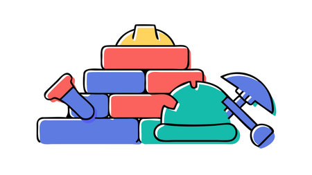 Flat vector artwork in industrial orange-gray-blue tones conveys a rugged worksite atmosphere with determined productivity and harsh lighting accents. Ideal for construction branding, safety campaigns, templates, and promotional graphics requiring clean central customization area. Versatile for builders, architects, and marketers in digital or pri. AI-generated vector illustration. AI-generated illustration.のイラスト素材