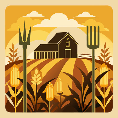 Elegant vector artwork in warm amber-earth tones evokes a mood of rustic abundance and plentiful farm yield, with subtle barn lighting and clean silhouettes. Spacious central area designed for  ad integration enhances flexibility. Perfect for agricultural promotions, harvest festivals, rural branding, and seasonal materials target. AI-generated vector illustration. AI-generated illustration.のイラスト素材