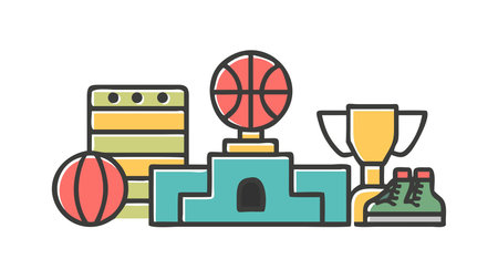 Energetic flat vector illustration evoking the thrill of basketball with vibrant orange tones, stadium floodlights, and competitive motifs. Ideal for sports apparel, promotional banners, website headers, and merchandise design targeting athletes and fans. The clean central promo space allows easy customization. . AI-generated digital illustration. AI-generated vector illustration. AI-generated illustration.のイラスト素材