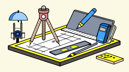 A creative digital illustration depicting Blueprint vector engineering hub, protractor T-square...