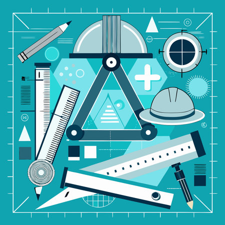 Sophisticated vector graphic in blueprint aesthetic, featuring a monochromatic scheme of cyan, white, and black tones accented by faint grid patterns for a precise, technical vibe. Ideal for engineering firms, construction companies, and architectural branding, providing expansive central area for logos, ads, or key messaging in promotional campaigns, brochur. AI-generated vector illustration. AI-generated illustration.のイラスト素材