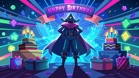 Energetic -style digital artwork featuring bold silhouettes, neon glows, and flowing colorful lights against an electric blue background, evoking high-spirited celebration. Perfect for applications including greeting cards, party invitations, social media graphics, event posters, and festive merchandise targeting families, event planners, and . AI-generated vector illustration. AI-generated illustration.のイラスト素材