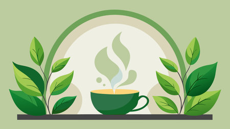 Elegant minimalist design evoking tranquility with zen-inspired greens and subtle gold tones, featuring soft diffused lighting and ethereal steam effects for a calming mood. Vast central blank area provides versatile copy space, ideal for overlaying text in tea branding, herbal product packaging, wellness ads, beverage menus, and spa promotions targeting heal. AI-generated vector illustration. AI-generated illustration.のイラスト素材