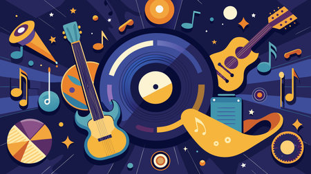 Stylish retro vector artwork in indigo-gold tones, infused with dramatic stage spotlight mood and harmonious melodic flow. Expansive blank central space enhances versatility for custom text overlays. Perfect for music festival posters, concert flyers, event promotions, and entertainment graphics targeting promoters and designers. . AI-generated vector illustration. AI-generated illustration.のイラスト素材