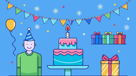 Dynamic cartoon vector design bursting with bold colors and sparkling highlights, conveying an exuberant festive vibe in a clean, professional style. Perfect for uses including greeting cards, social media posts, event banners, and promotional ads aimed at party organizers, families, and teams. Versatile for print and digital formats, enh. AI-generated vector illustration. AI-generated illustration.のイラスト素材