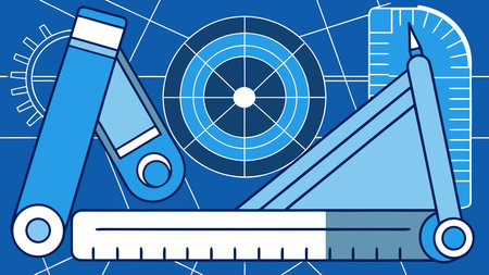 Clean vector design in blueprint cyan-monochrome hues, illuminated by precise overhead lighting to evoke innovative architectural precision. Expansive blank central area ideal for logos, text, or graphics in layouts. Suited for architects, engineers, and construction professionals creating compelling promotional visuals and technical presentations. . AI-generated vector illustration. AI-generated illustration.のイラスト素材