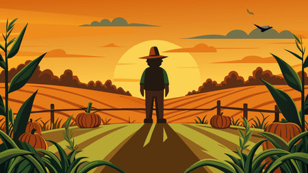 Warm amber-orange tones evoke a dramatic sunset mood over vast rural expanses, capturing plentiful harvest vibes in a silhouette-bordered artistic style. Ideal for agriculture ads, seasonal farm promotions, food industry branding, and countryside lifestyle visuals targeting farmers, marketers, and autumn campaigns. Versatile digital artwork enhances commercia. AI-generated vector illustration. AI-generated illustration.のイラスト素材