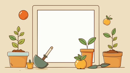 Minimalist style bathed in dappled sunlight with warm terracotta oranges and fresh greens, cultivating a therapeutic mood of growth and hobby serenity. Expansive blank upper area ideal for text overlays in posters, website banners, social media graphics, and promotional materials for gardening enthusiasts, wellness brands, and lifestyle sectors. Versatile for. AI-generated vector illustration. AI-generated illustration.のイラスト素材