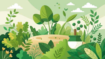 Elegant vector design featuring soft curved herb arrangements in a calming herbal green palette, evoking a serene culinary mood with fresh illuminating highlights. Ample empty space for text makes it ideal for kitchen advertisements, recipe layouts, food packaging, and promotional materials in the culinary industry. Perfect for designers targeting food brands. AI-generated vector illustration. AI-generated illustration.のイラスト素材