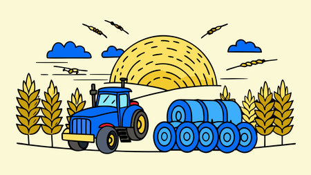 Stylish flat vector artwork embodying the wholesome spirit of rural agriculture, featuring warm sunset hues, golden harvest tones, and bountiful farm elements in a clean, spacious composition. Perfect for agribusiness promotions, farming websites, harvest campaigns, product packaging, and agricultural materials targeting rural industries and food se. AI-generated vector illustration. AI-generated illustration.のイラスト素材