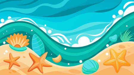 Bright vector design in turquoise and aqua hues evokes serene beach relaxation with ocean wave perimeters and marine accents. Vast white center provides ample space for text overlays, ideal for summer invitations, posters, flyers, website headers, and social media graphics. Perfect for graphic designers, travel brands, and coastal campaigns. . AI-generated vector illustration. AI-generated illustration.のイラスト素材