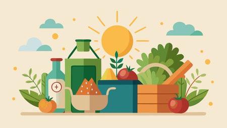 Clean minimalist vector design in natural earthy palette with soft diffused farm light, evoking a fresh sustainable mood. Flat illustration style offers a spacious central product area perfect for mockups, branding overlays, and custom placements. Ideal for organic food packaging, eco-friendly , agricultural promotions, and visuals for health-conscio. AI-generated vector illustration. AI-generated illustration.のイラスト素材
