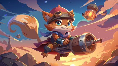 Fantasy graphic style artwork evoking a daring and nutty mood through dynamic airship battle composition and warm sunset sky glow lighting. Ideal for wide wallpapers, gaming posters, children's fantasy books, adventure merchandise, and digital media targeting young audiences, gamers, and fantasy enthusiasts. Whimsical elements and vibrant colors enhance comme. AI-generated vector illustration. AI-generated illustration.のイラスト素材
