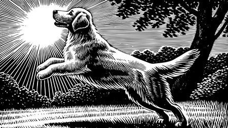 Energetic vector line art with bold, sweeping lines forming a dynamic arched composition that radiates playful joy and motion. Sunny park lighting infuses warmth and vitality, ideal for pet-themed graphics, campaigns, apparel prints, posters, and social media visuals. Perfect for designers and marketers targeting animal enthusiasts and . AI-generated vector illustration. AI-generated illustration.のイラスト素材