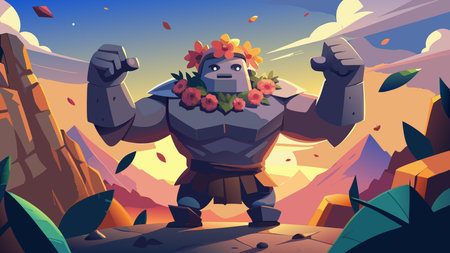 Enchanting fantasy digital artwork featuring symmetrical composition, warm sunset lighting, and swirling petal confetti, evoking a playful gentle giant mood with strong stylistic elements. Perfect for applications like gaming wallpapers, fantasy book covers, motivational posters, apparel prints, and digital backgrounds. Appeals to game developers, . AI-generated vector illustration. AI-generated illustration.のイラスト素材