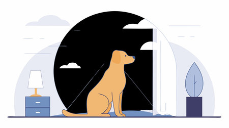 Clean minimalist vector design in single line art style, evoking a loyal and calm mood with subtle soft dawn lighting for serene appeal. Ideal for uses including pet brand logos, animal-themed graphics, posters, stickers, apparel prints, and web elements. Versatile scalable artwork suits graphic designers, advertisers, and pet industry professional. AI-generated vector illustration. AI-generated illustration.のイラスト素材