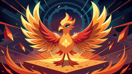 Vibrant abstract fantasy graphic with radial composition, geometric patterns, and glowing flame...