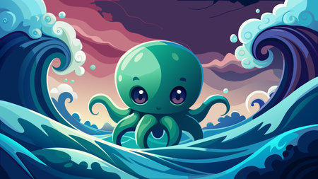 Abstract graphic fantasy vector artwork featuring turbulent wave dynamics, bioluminescent glows, and a mysterious cute vibe in  ocean compositions. Ideal for high-resolution wallpapers, mobile backgrounds, gaming interfaces, apparel prints, and fantasy merchandise targeting designers, gamers, and creative industries. Versatile style enhances digital m. AI-generated vector illustration. AI-generated illustration.のイラスト素材