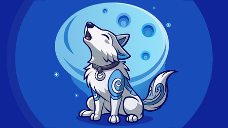 Strong graphic fantasy illustration evoking primal mystical mood through lunar silver glow lighting and deep night sky blues. Elevated howling pose composition emphasizes adorable fluffy details with spiritual tattoos, delivering immersive atmospheric art. Ideal for book covers, gaming assets, posters, apparel, and merchandise targeting fantasy enthusiasts, p. AI-generated vector illustration. AI-generated illustration.のイラスト素材