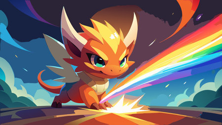 Dynamic abstract artwork in cute chibi style with asymmetrical balanced composition, foreground depth, and pulsating inner glow lighting enhanced by fiery particle effects and glossy highlights. Joyful triumphant mood captures fantasy energy ideal for high-end wallpapers, gaming assets, mobile backgrounds, apparel prints, and digital merchandise targeting gam. AI-generated vector illustration. AI-generated illustration.のイラスト素材