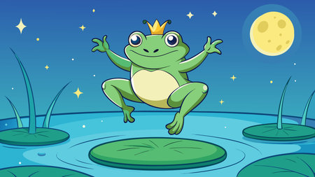 Strong graphic illustrative style with dynamic water splashes and rippling moonlight reflections, evoking a playful yet regal fantasy mood in wide composition. Ideal for immersive wallpapers, fantasy graphics, children's book covers, gaming assets, and promotional designs. Versatile for digital media, apparel prints, and creative projects targeting young . AI-generated vector illustration. AI-generated illustration.のイラスト素材