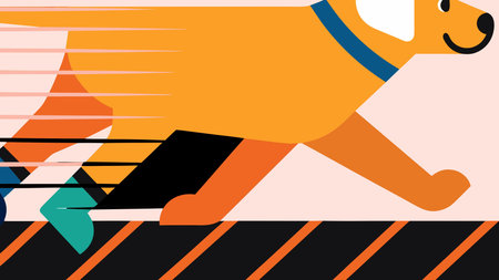 Striking one-line vector artwork of a golden retriever in energetic sprint, featuring motion-blurred...