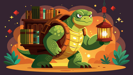 Captivating fantasy graphic in illustrative style featuring stable grounded composition, warm lantern interior glow, and cute intricate shell patterns, conveying wise enduring mood and whimsical charm. Ideal for fantasy book covers, children's storybooks, educational posters, gaming character designs, and creative publishing projects targeting young audiences. AI-generated vector illustration. AI-generated illustration.のイラスト素材