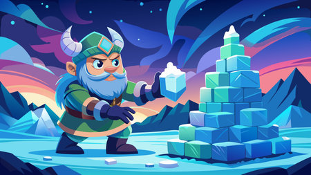 A creative digital illustration depicting Cute strong frost giant toddler stacking ice blocks into , playful build composition, arctic aurora lighting, graphic fantasy illustration, innocent mighty mood, abstract professional wallpaper. This AI-generated artwork features unique visual elements suitable for various commercial and editorial applications. AI-generated illustration.のイラスト素材