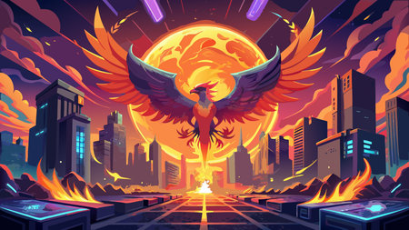 Dynamic cyber-fantasy graphic with explosive radial composition, fiery plasma lighting in warm...