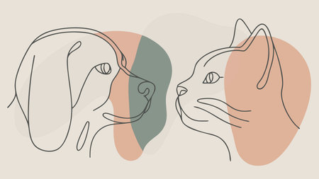 Minimalist flat vector design with mirrored symmetrical composition, soft gentle curves, and a friendly curious mood illuminated by subtle pet store lighting on pure white. Ideal for pet industry branding, product packaging, greeting cards, apparel prints, social media visuals, and animal-themed merchandise targeting pet owners and enthusiasts. Versatile clea. AI-generated vector illustration. AI-generated illustration.のイラスト素材