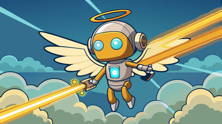 Futuristic illustrative style merges whimsical strength and celestial whimsy in a dynamic ascending composition bathed in divine golden ray lighting. Ideal for sci-fi book covers, gaming assets, tech advertisements, futuristic branding, and digital fantasy media targeting creative industries and designers. Versatile graphic design enhances projects. AI-generated vector illustration. AI-generated illustration.のイラスト素材