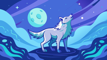 A creative digital illustration depicting Strong fantasy graphic wolf pup alpha howling at moon, full-frame immersive composition with aurora waves, cool moonlight with starry sparkles, textured brush stroke illustration style, mysterious str. This AI-generated artwork features unique visual elements suitable for various commercial and editorial applications. AI-generated illustration.のイラスト素材
