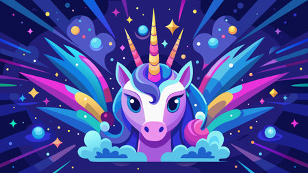 Dynamic illustrative graphic style fuses cute and powerful motifs through radial symmetry composition, illuminated by neon purple and blue lighting with enchanting sparkles. Captures a dreamy fantastical mood ideal for premium wallpapers, digital backgrounds, app interfaces, and fantasy-themed merchandise. Versatile for gaming, entertainment, and creative dig. AI-generated vector illustration. AI-generated illustration.のイラスト素材
