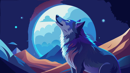 A creative digital illustration depicting Adorable robust wolf pup shaman howling moonward, elevated...