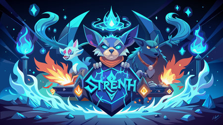 Illustrative vector artwork presenting a centered typographic composition of radiant runes amid arcane blue fire glow, fostering an empowering and fantastical mood. Versatile for motivational posters, fantasy game assets, apparel graphics, book covers, and digital branding targeting gamers, designers, and inspiration seekers. . AI-generated digital illustration. AI-generated vector illustration. AI-generated illustration.のイラスト素材