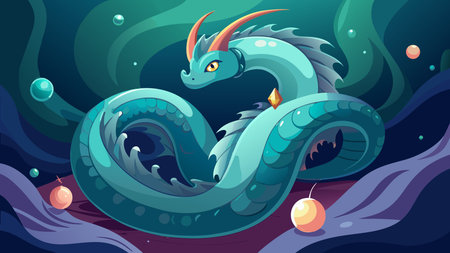 Whimsical graphic fantasy illustration with serpentine looping composition, soft underwater glow lighting, and cute fin details evoking a protective oceanic mood. Ideal for fantasy book covers, children's storybooks, marine-themed posters, apparel prints, and digital graphics in creative industries. Versatile design suits gaming assets, educational materials,. AI-generated vector illustration. AI-generated illustration.のイラスト素材