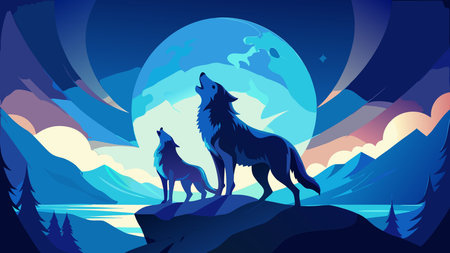 Dynamic graphic illustration evoking wild unity and majestic power through ethereal blue lunar...