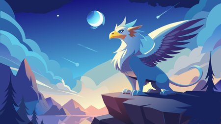 Illustrative graphic style artwork evoking a dreamy and majestic mood through textured feathers, celestial moonlight, and starry skies. Wide-angle composition with foreground mist creates immersive depth and atmospheric allure, ideal for fantasy genres. Perfect for gaming assets, book covers, posters, apparel prints, and digital media targeting creative profe. AI-generated vector illustration. AI-generated illustration.のイラスト素材