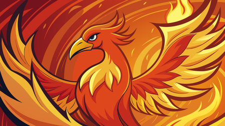 Dynamic graphic vector style with intense fiery lighting, ember details, and a bold upward spiral in a vibrant fiery palette, evoking triumphant rebirth and strength. Ideal for wallpapers, motivational posters, gaming assets, branding graphics, and digital media in creative and industries. Versatile design suits high-impact visual projects requiri. AI-generated vector illustration. AI-generated illustration.のイラスト素材