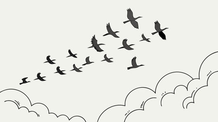 Minimalist vector design featuring sleek lines and harmonious flock arrangement against a vast sky with soft cloud gradients and atmospheric lighting. Conveys a mood of unity, determination, and epic journey, perfect for inspiring visuals. Ideal for applications in travel , eco-tourism branding, wildlife education, motivational posters, ap. AI-generated vector illustration. AI-generated illustration.のイラスト素材