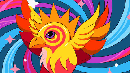 Vibrant graphic pop art style with bold multicolored hues, spiral vortex composition drawing the eye inward, and radiant aurora lighting evoking energetic rebirth mood. Ideal for fantasy graphics, motivational posters, gaming branding, confectionery designs, apparel prints, and creative ads targeting youth and imaginative audiences. Captivating visual for dig. AI-generated vector illustration. AI-generated illustration.のイラスト素材