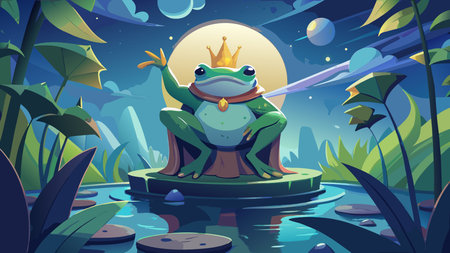 Dynamic fantasy digital artwork blending cute graphic style with powerful amphibious majesty, featuring glossy skin sheens, water droplets, and rippling moonlight reflections in a regal splash composition. Ideal for fantasy-themed wallpapers, book covers, gaming assets, apparel prints, and promotional graphics targeting creative designers, fantasy enthusiasts. AI-generated vector illustration. AI-generated illustration.のイラスト素材