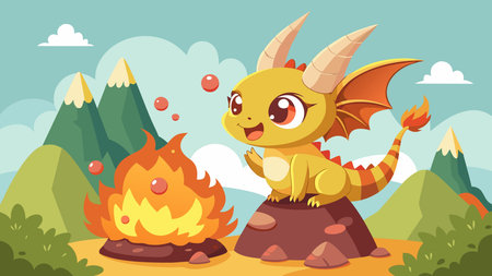 Chibi-style graphic fantasy artwork with playful hill composition, bold delightful mood, and sugary fire lighting effects. Ideal for children's books, fantasy game assets, promotional merchandise, and whimsical digital campaigns targeting young audiences and creative industries. Versatile design boosts engagement in animation and apparel. . AI-generated vector illustration. AI-generated illustration.のイラスト素材