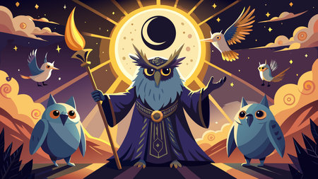 Fantasy graphic style artwork with ominous scholarly mood, eclipse-centered composition, and radiant  solar lighting for a mystical pro-render effect. Ideal for desktop wallpapers, fantasy game backgrounds, book covers, promotional posters, and digital merchandise targeting gamers, designers, and fantasy enthusiasts. Versatile creative asset enhancing m. AI-generated vector illustration. AI-generated illustration.のイラスト素材